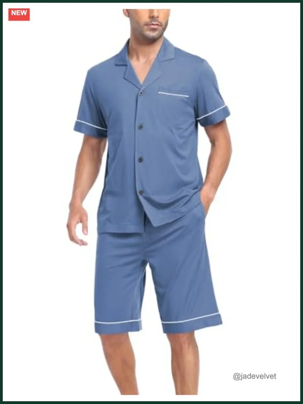 Men's 100% Cotton Short Sleeve Pajama Set Notched Collar Sleepwear with Pockets